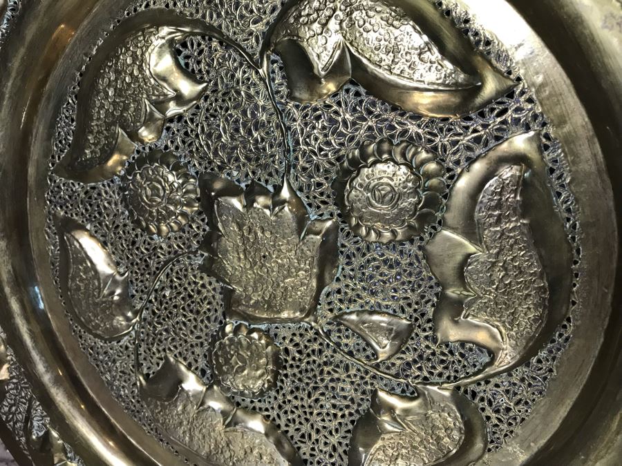 (4) Brass Repousse Tray Decor, Vintage Wilton Pewter Serving Tray, Metal Basket And Footed Silverplate Tray [Photo 6]