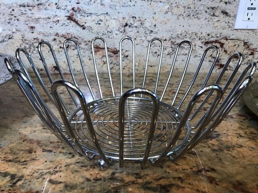 (4) Brass Repousse Tray Decor, Vintage Wilton Pewter Serving Tray, Metal Basket And Footed Silverplate Tray [Photo 9]