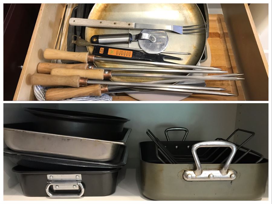 Kitched Bakeware Pan Lot With Cutting Board, Skewers, Baking Pans - See Photos [Photo 1]