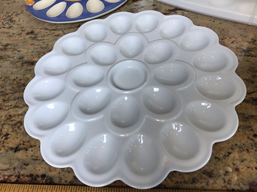 Pair Of Deviled Egg Plates (One Is Pfaltzgraff) And Deviled Egg Carrier Holder [Photo 2]