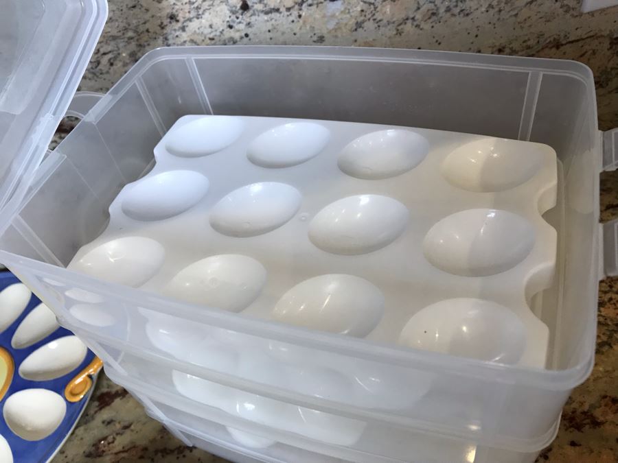 Pair Of Deviled Egg Plates (One Is Pfaltzgraff) And Deviled Egg Carrier Holder [Photo 5]