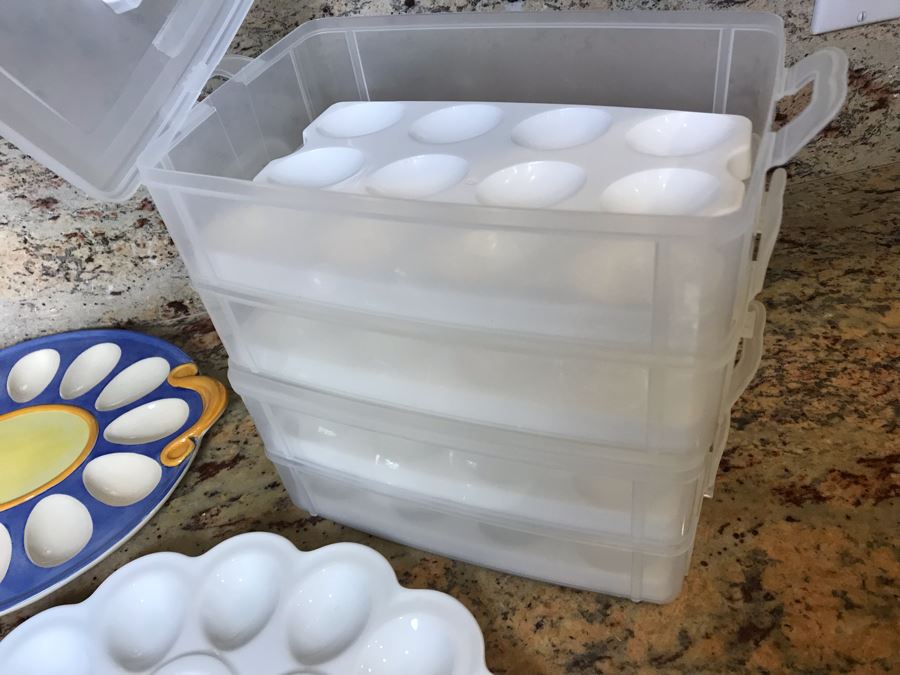 Pair Of Deviled Egg Plates (One Is Pfaltzgraff) And Deviled Egg Carrier Holder [Photo 6]