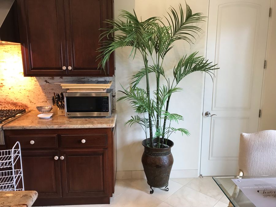 Large Indoor Faux Palm Plant With Metal Pot And Stand