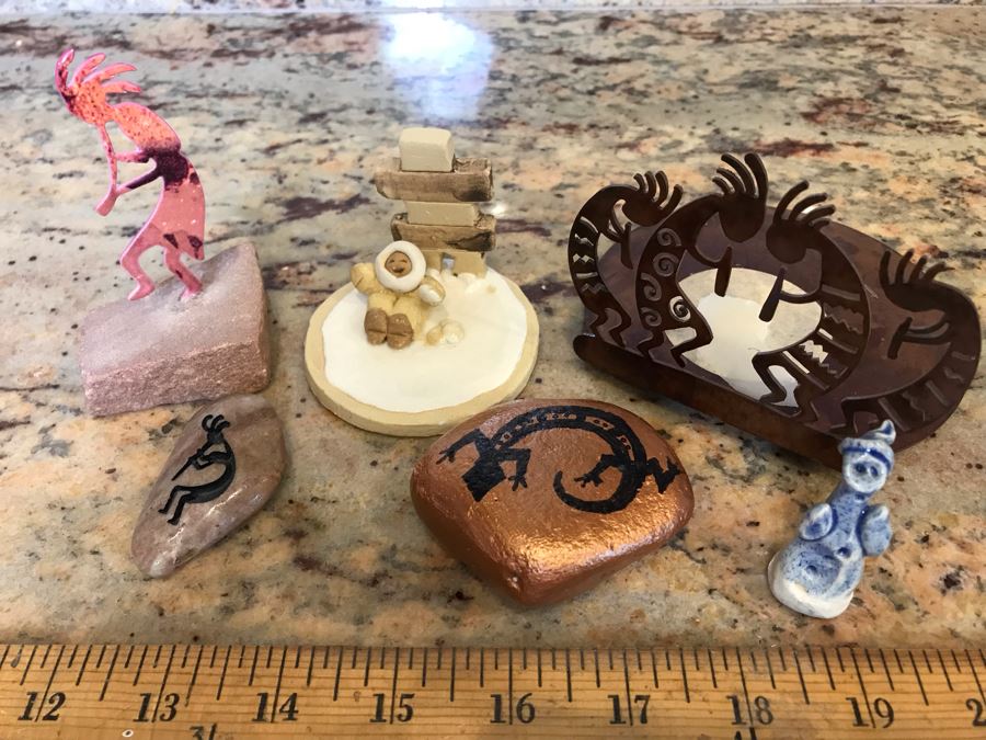 (6) Home Decor Lot Including Handmade Eskimo Figurine From Canada And Rocks And Figures Depicting Native American Fertility Deity Kokopelli - See Photos [Photo 1]