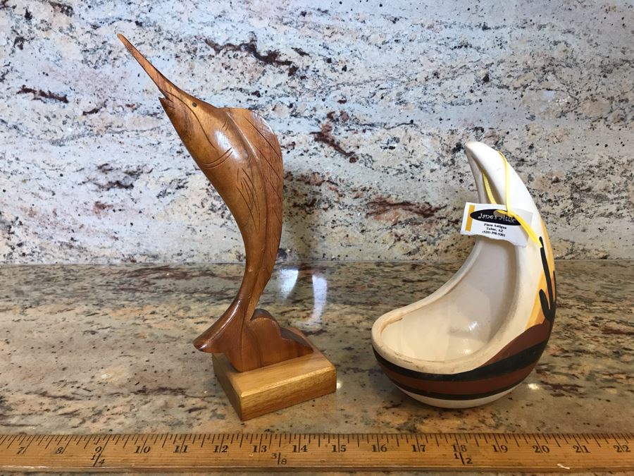 Handmade Carved Wooden Sailfish From Waikiki Woods Made In Hawaii And Hand Painted Desert Scene Ceramic From AZ [Photo 1]