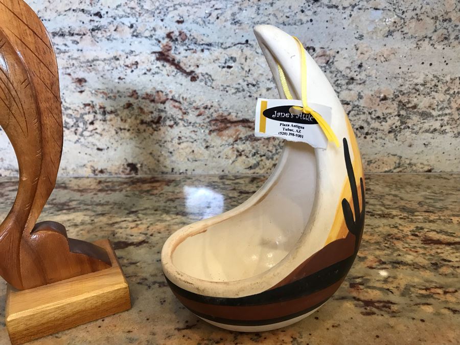 Handmade Carved Wooden Sailfish From Waikiki Woods Made In Hawaii And Hand Painted Desert Scene Ceramic From AZ [Photo 6]