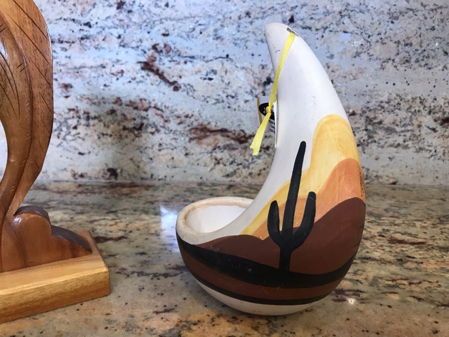 Handmade Carved Wooden Sailfish From Waikiki Woods Made In Hawaii And Hand Painted Desert Scene Ceramic From AZ [Photo 2]