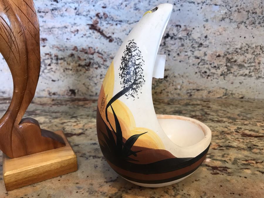 Handmade Carved Wooden Sailfish From Waikiki Woods Made In Hawaii And Hand Painted Desert Scene Ceramic From AZ [Photo 8]