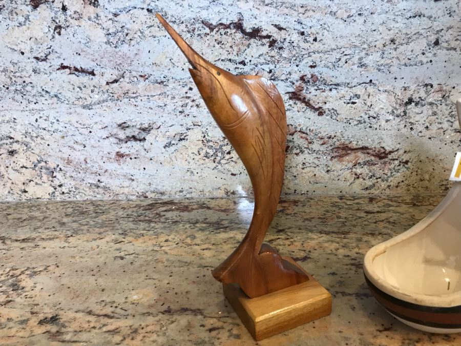 Handmade Carved Wooden Sailfish From Waikiki Woods Made In Hawaii And Hand Painted Desert Scene Ceramic From AZ [Photo 3]