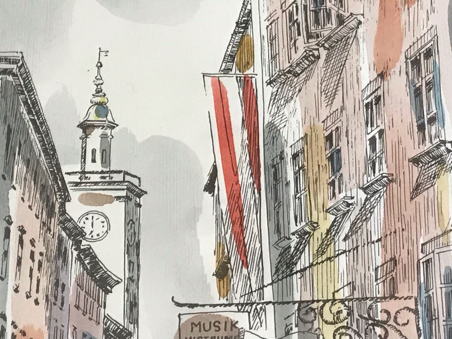 Signed Original Pen And Ink Watercolor Painting Showing Mozart's Birthplace In Salzburg By Artist Igor Zindovic 13.5' X 11' [Photo 8]
