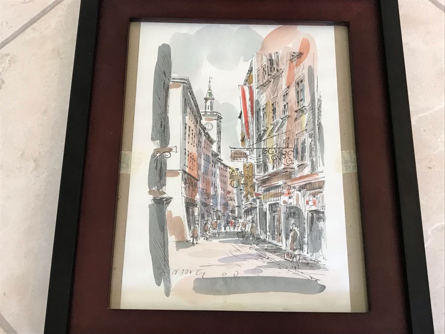 Signed Original Pen And Ink Watercolor Painting Showing Mozart's Birthplace In Salzburg By Artist Igor Zindovic 13.5' X 11' [Photo 3]