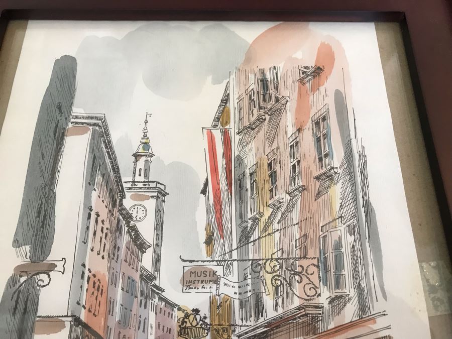 Signed Original Pen And Ink Watercolor Painting Showing Mozart's Birthplace In Salzburg By Artist Igor Zindovic 13.5' X 11' [Photo 9]