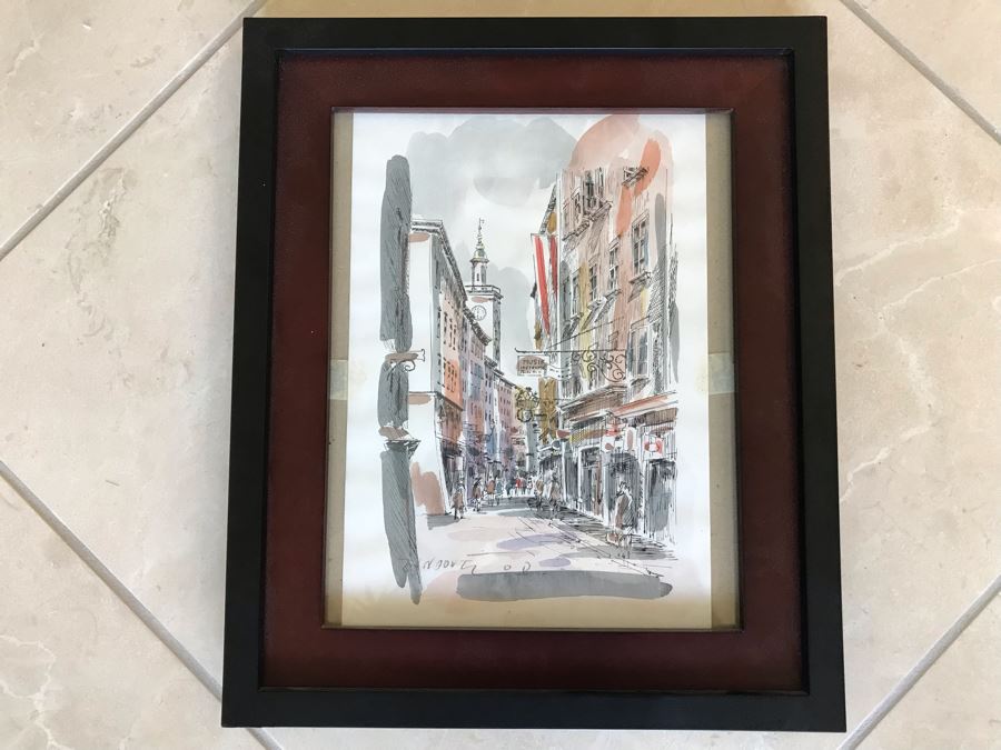 Signed Original Pen And Ink Watercolor Painting Showing Mozart's Birthplace In Salzburg By Artist Igor Zindovic 13.5' X 11' [Photo 1]