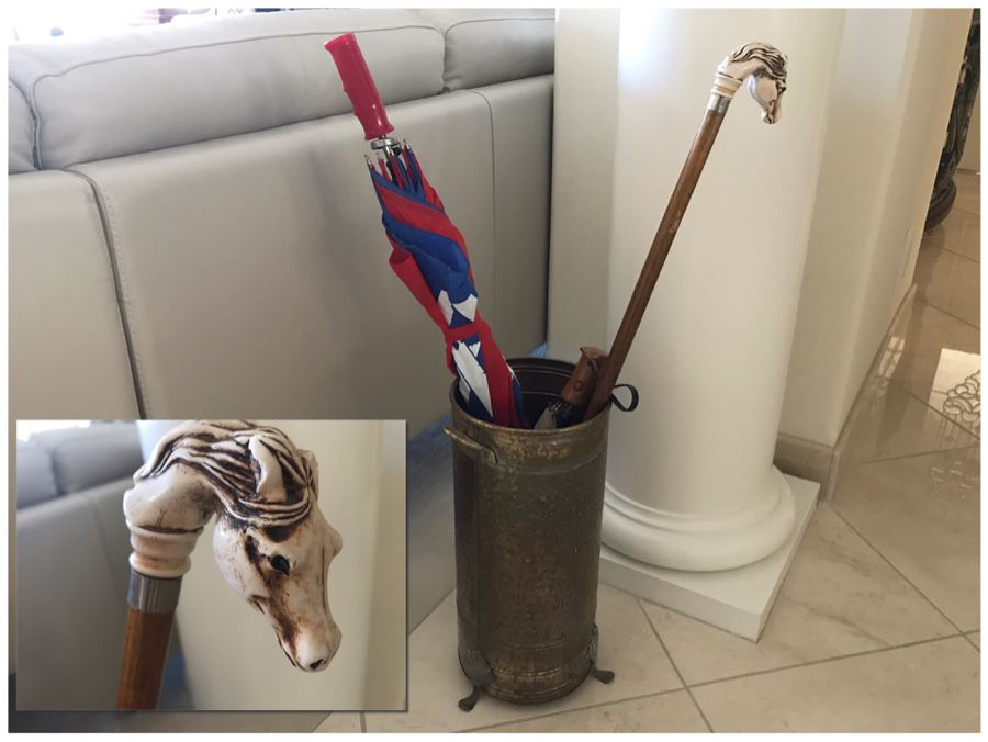 Vintage Brass Umbrella Stand With Horse Head Walking Stick Cane And Various Umbrellas