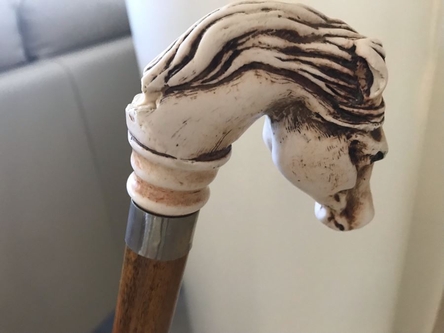 Vintage Brass Umbrella Stand With Horse Head Walking Stick Cane And Various Umbrellas [Photo 5]