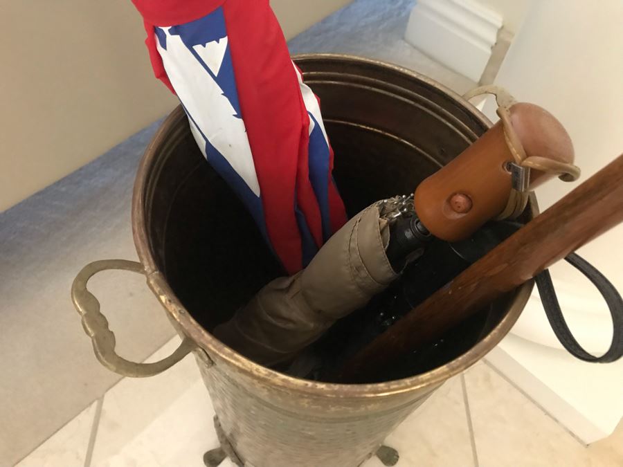 Vintage Brass Umbrella Stand With Horse Head Walking Stick Cane And Various Umbrellas [Photo 4]