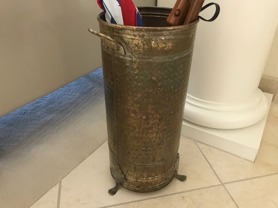 Vintage Brass Umbrella Stand With Horse Head Walking Stick Cane And Various Umbrellas [Photo 3]