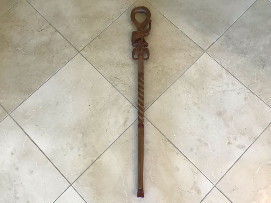 Carved Wooden Walking Stick Cane Staff With Elephants Made In India  [Photo 2]