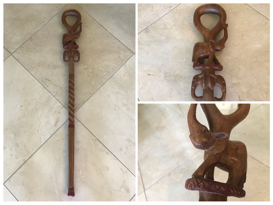 Carved Wooden Walking Stick Cane Staff With Elephants Made In India 
