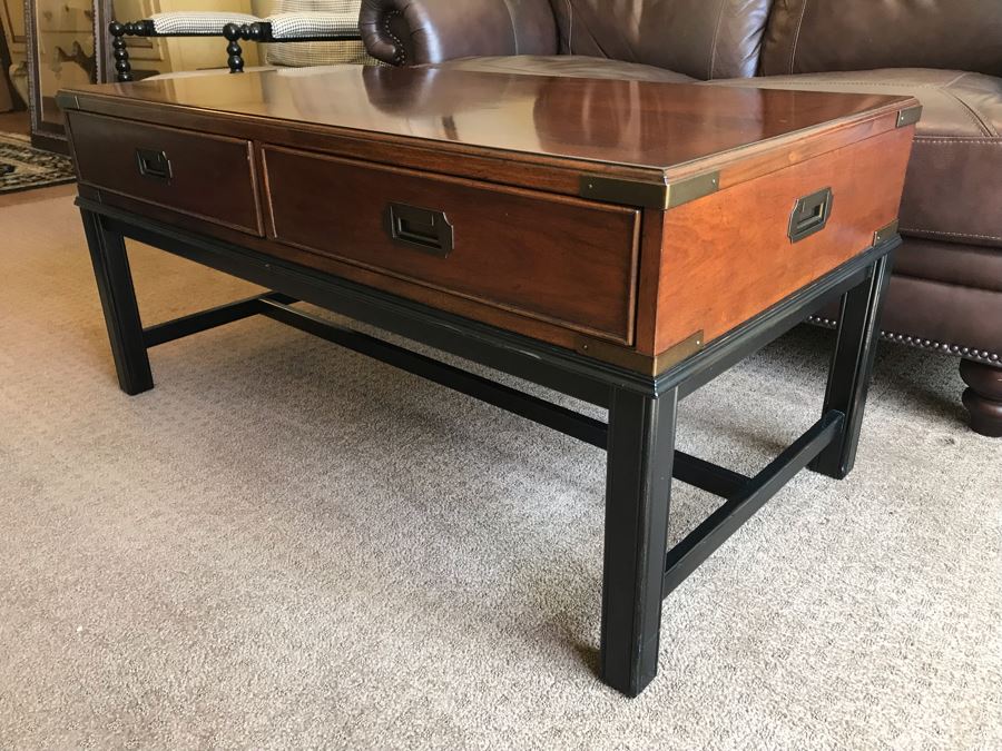 Thomasville Wood And Brass Campaign Style Coffee Table With Drawers And Inlaid Wooden Top [Photo 1]