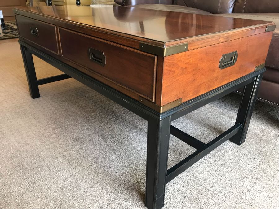 Thomasville Wood And Brass Campaign Style Coffee Table With Drawers And