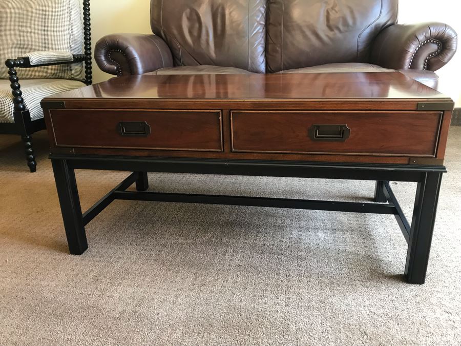 Thomasville Wood And Brass Campaign Style Coffee Table With Drawers And Inlaid Wooden Top [Photo 3]