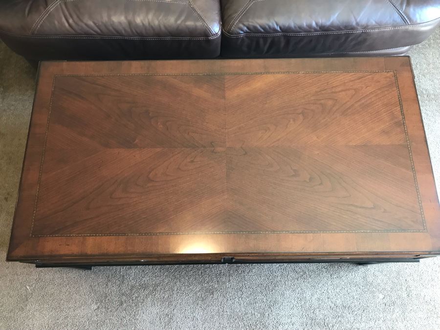 Thomasville Wood And Brass Campaign Style Coffee Table With Drawers And Inlaid Wooden Top [Photo 5]