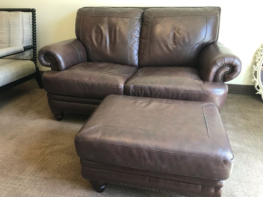 Leather Loveseat With Steel Nailheads And Ottoman (Back Corners Of Loveseat Have Skuff Marks)