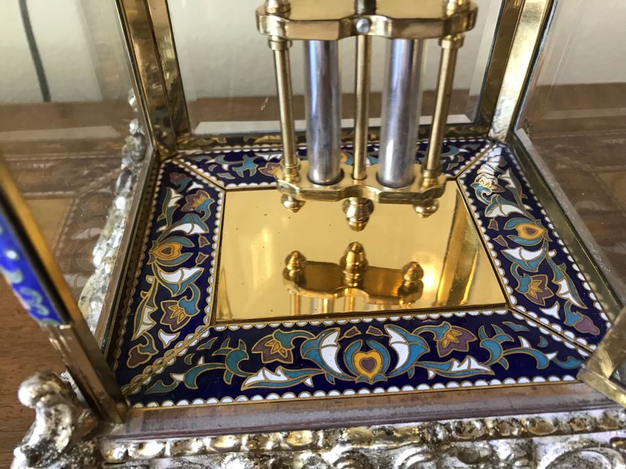 Ornate Brass And Cloisonne Battery Powered Pendulum Clock [Photo 12]