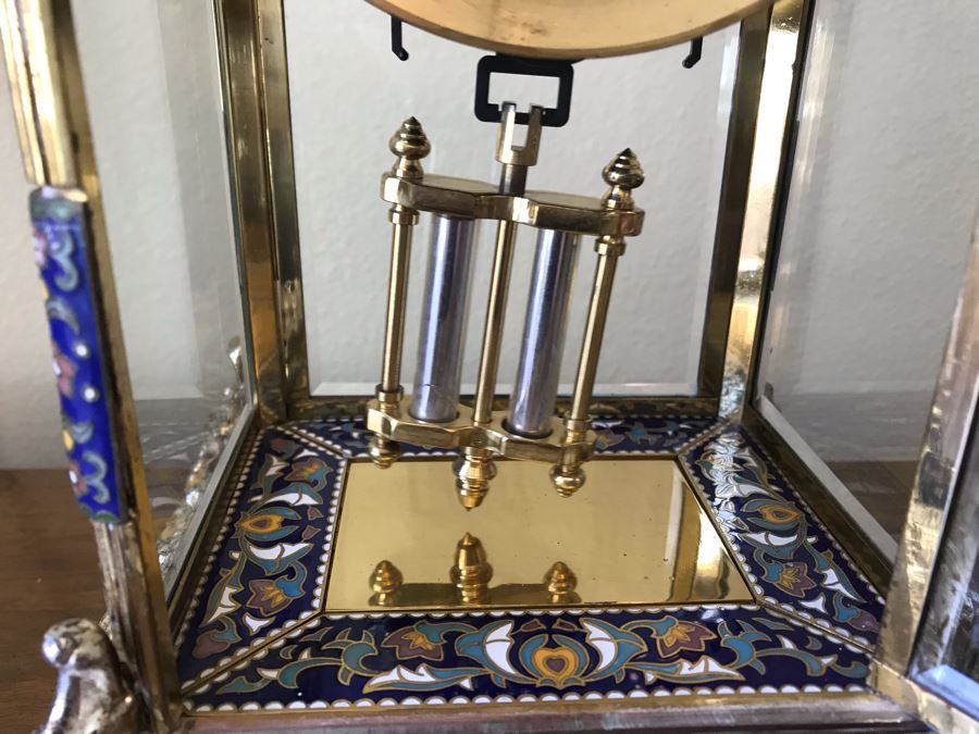Ornate Brass And Cloisonne Battery Powered Pendulum Clock [Photo 6]