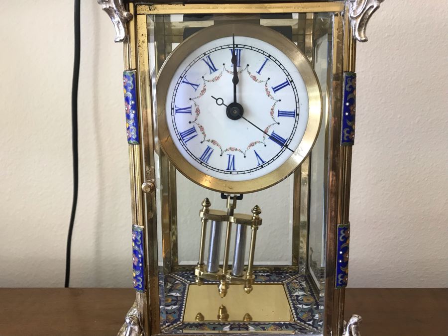 Ornate Brass And Cloisonne Battery Powered Pendulum Clock
