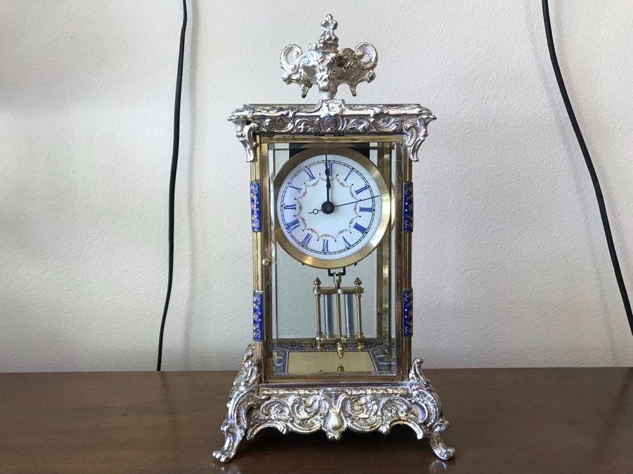 Ornate Brass And Cloisonne Battery Powered Pendulum Clock