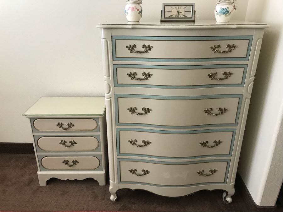 Drexel French Provincial 5-Drawer Chest Of Drawers Dresser And Quaint American Carl Forslund Inc 3-Drawer Nightstand [Photo 1]
