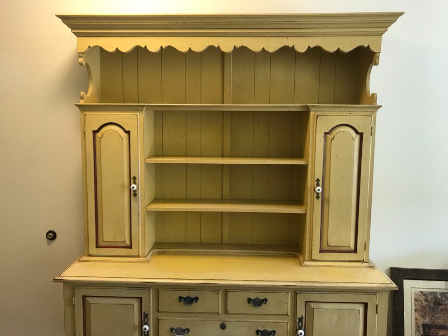 Large 2-Piece Yellow Cabinet With Hutch And Queen Anne Legs [Photo 4]