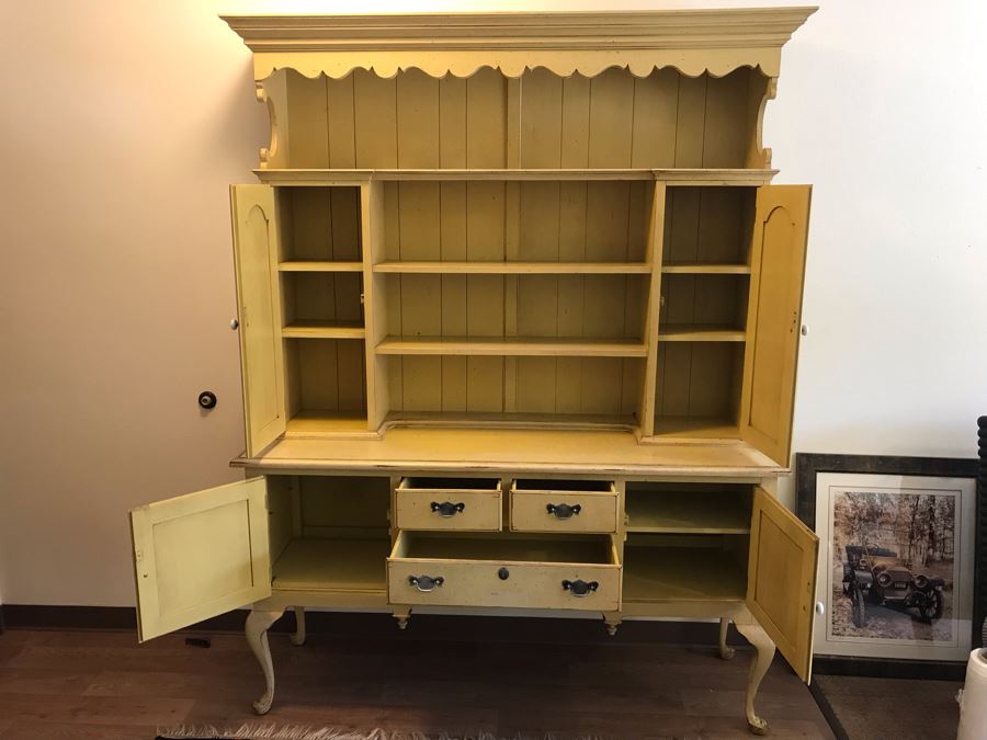 Large 2-Piece Yellow Cabinet With Hutch And Queen Anne Legs [Photo 5]