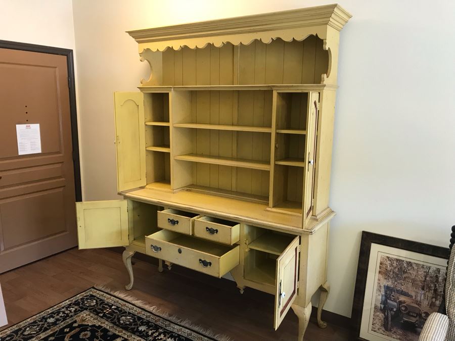 Large 2-Piece Yellow Cabinet With Hutch And Queen Anne Legs [Photo 7]