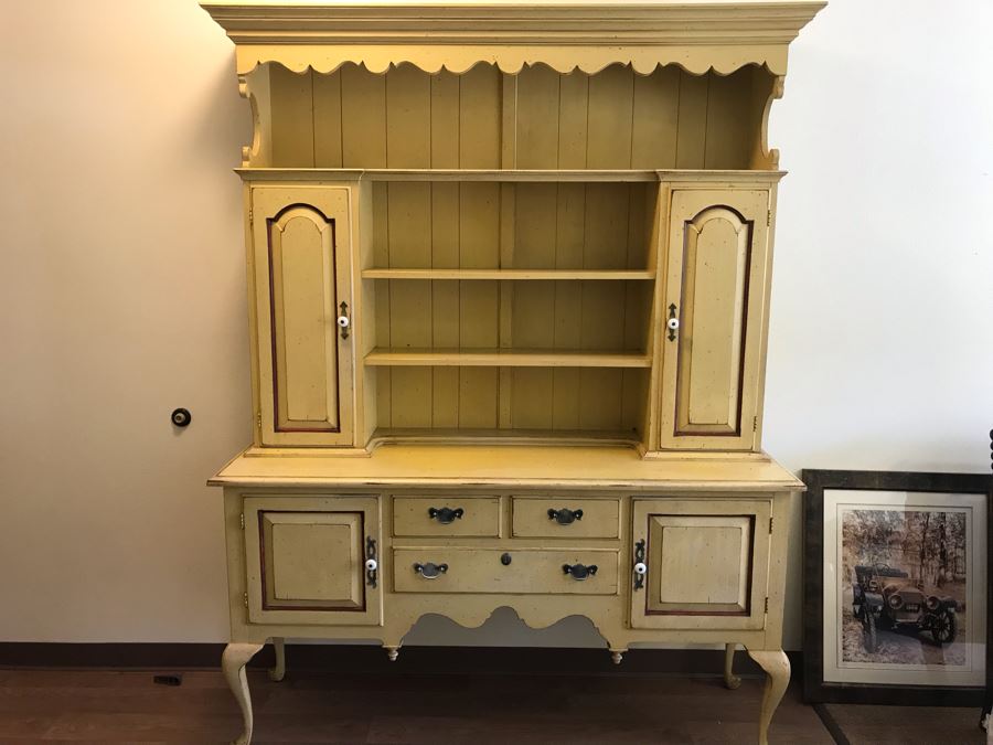 Large 2-Piece Yellow Cabinet With Hutch And Queen Anne Legs