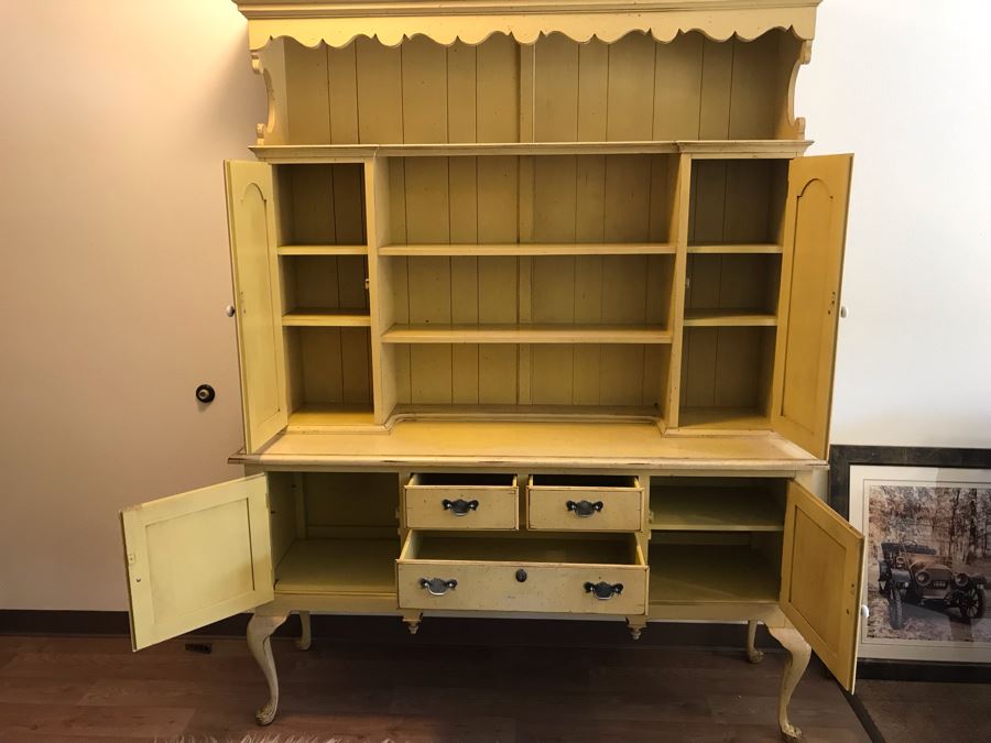 Large 2-Piece Yellow Cabinet With Hutch And Queen Anne Legs [Photo 6]