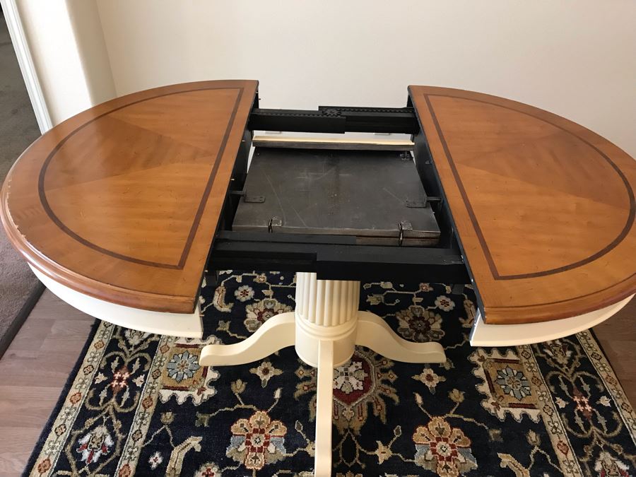 Pedestal Dining Table With Built In Leaf And (2) Dining Chairs [Photo 12]