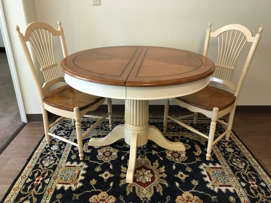 Pedestal Dining Table With Built In Leaf And (2) Dining Chairs [Photo 1]