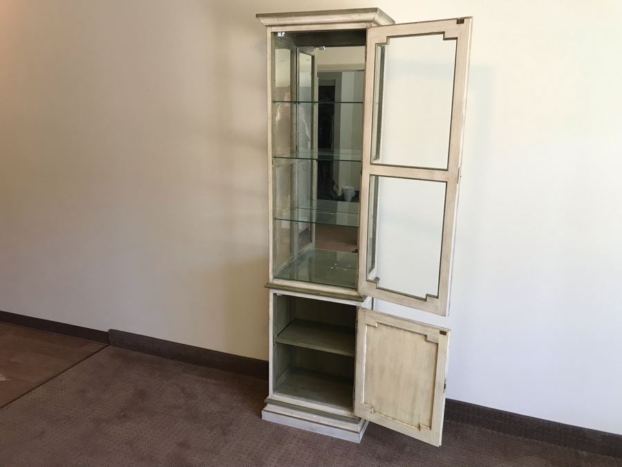 Vintage Painted Wooden Lockable Curio Cabinet With Mirror Backing Overhead Lighting And Side Glass [Photo 7]