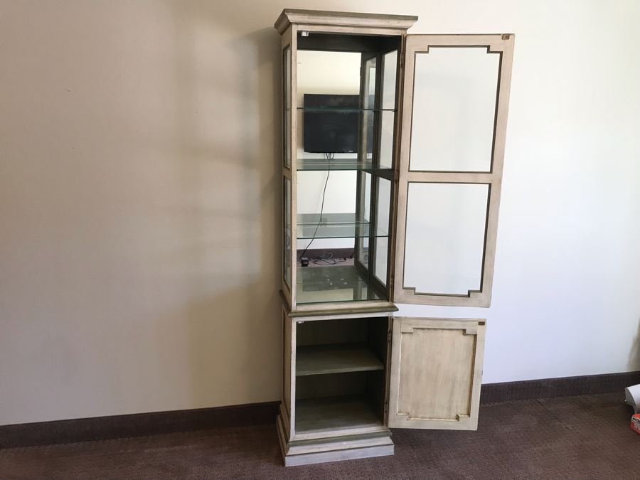 Vintage Painted Wooden Lockable Curio Cabinet With Mirror Backing Overhead Lighting And Side Glass [Photo 9]