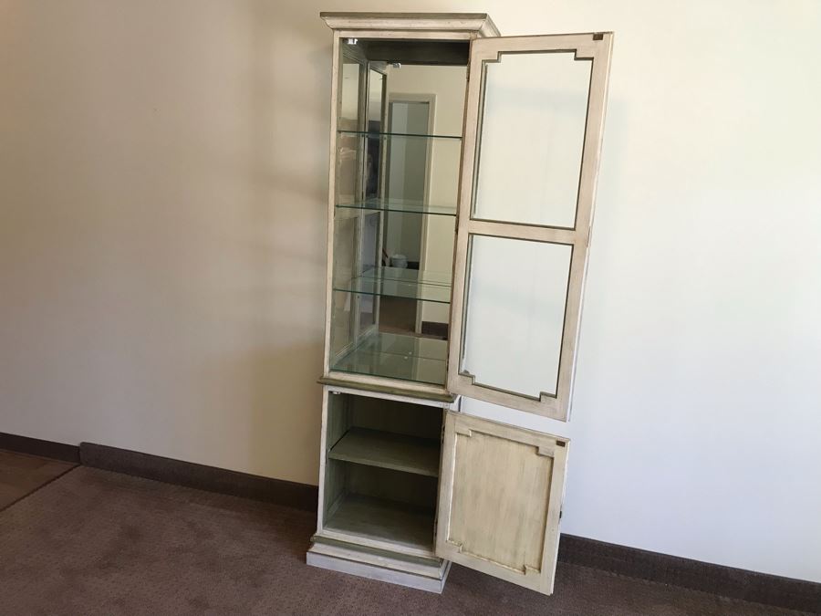 Vintage Painted Wooden Lockable Curio Cabinet With Mirror Backing Overhead Lighting And Side Glass [Photo 8]
