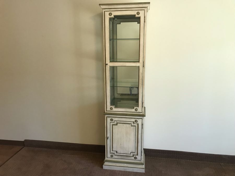 Vintage Painted Wooden Lockable Curio Cabinet With Mirror Backing Overhead Lighting And Side Glass [Photo 4]