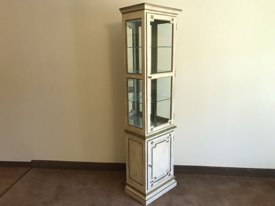 Vintage Painted Wooden Lockable Curio Cabinet With Mirror Backing