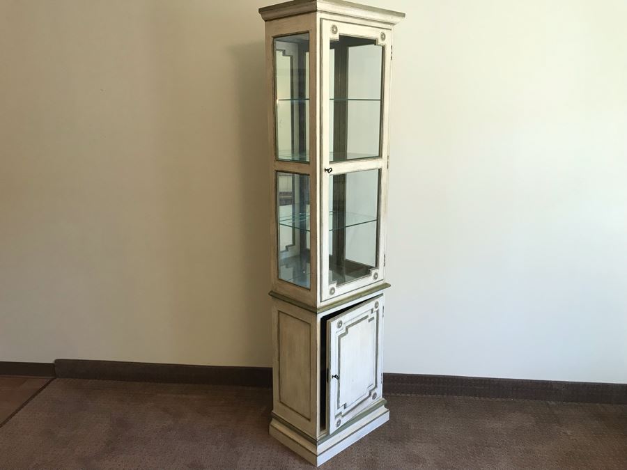 Vintage Painted Wooden Lockable Curio Cabinet With Mirror Backing Overhead Lighting And Side Glass [Photo 11]