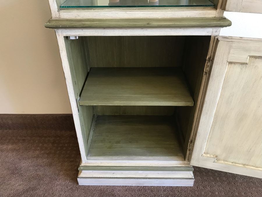 Vintage Painted Wooden Lockable Curio Cabinet With Mirror Backing Overhead Lighting And Side Glass [Photo 10]