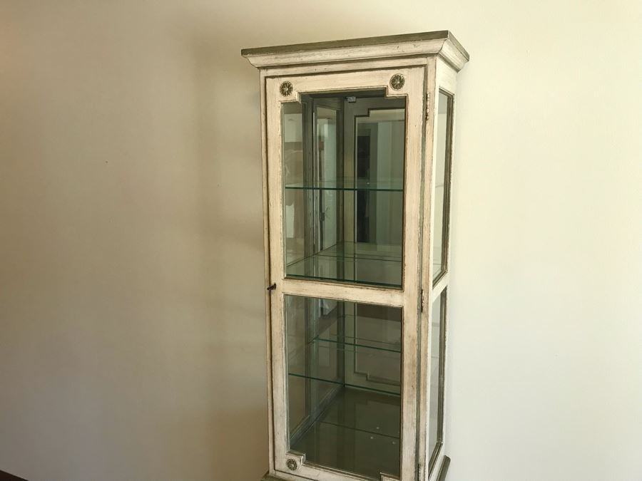 Vintage Painted Wooden Lockable Curio Cabinet With Mirror Backing Overhead Lighting And Side Glass [Photo 5]