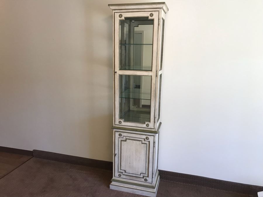 Vintage Painted Wooden Lockable Curio Cabinet With Mirror Backing Overhead Lighting And Side Glass [Photo 3]