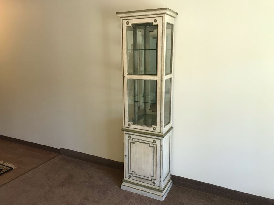 Vintage Painted Wooden Lockable Curio Cabinet With Mirror Backing Overhead Lighting And Side Glass [Photo 1]
